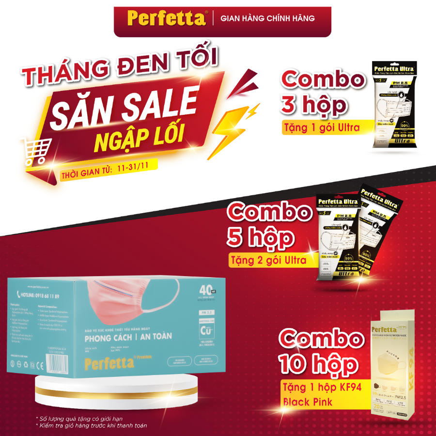 Khẩu Trang Y Tế 3 lớp Perfetta Premium cao cấp chuẩn Nhật Bản, 2 thanh mũi miệng,lớp ngoài phủ Nano đồng (40 cái/hộp)