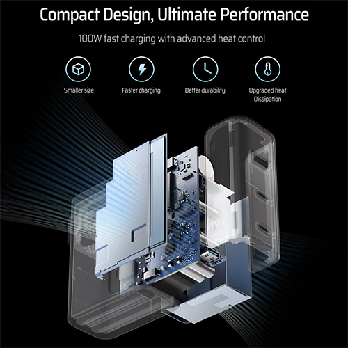 Combo cốc sạc Cuktech GaN 1USB 2Type-C 100W + Cáp USB Type-C to Type-C AD1003 - Hàng chính hãng