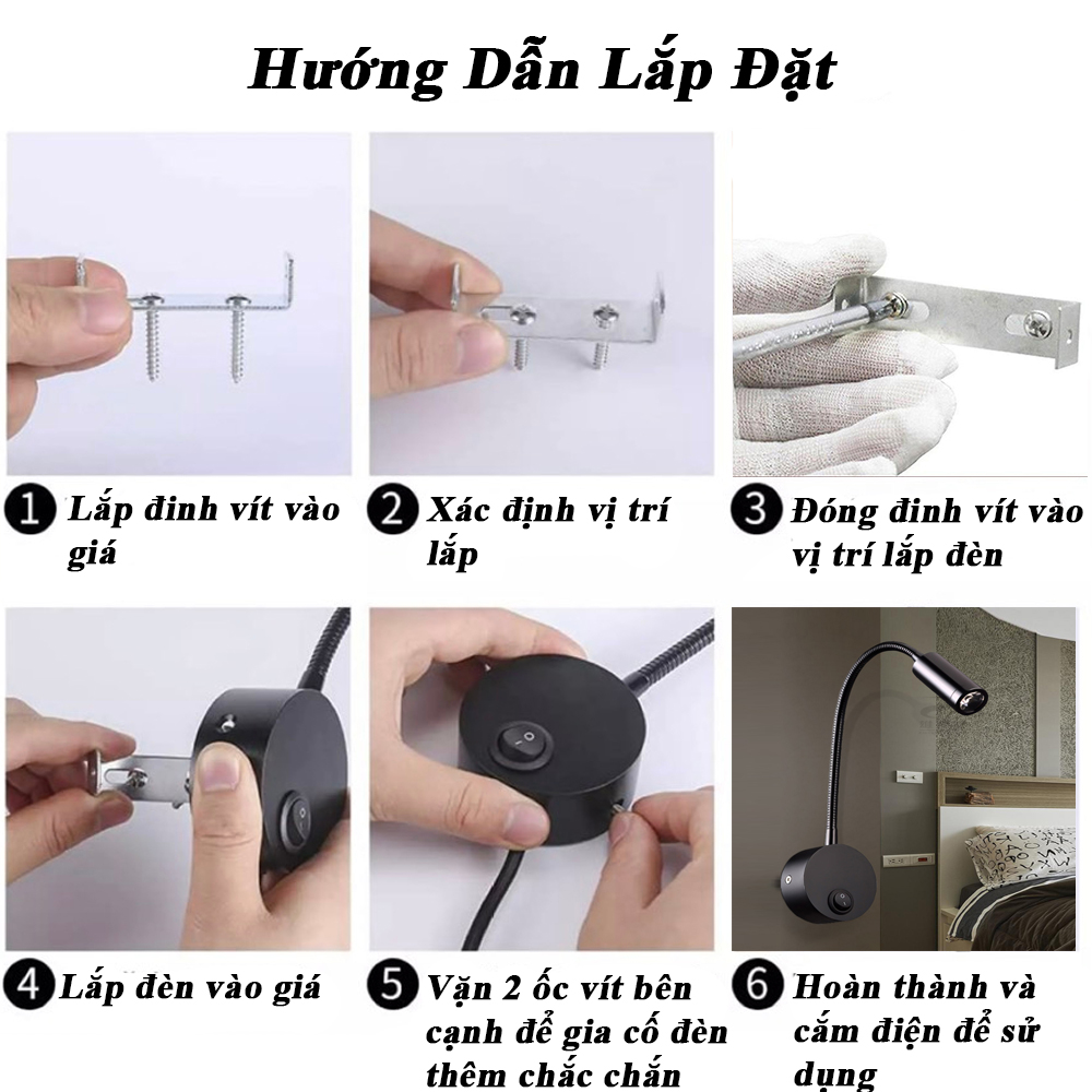 Đèn đọc sách đầu giường, Loại gắn tường, Ánh sáng chiếu rọi điểm 3W, Nguồn 220V