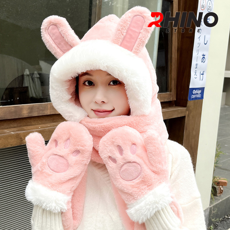 Mũ lông, mũ len kèm khăn quàng Rhino WS101 ấm áp, dễ thương hàng chính hãng