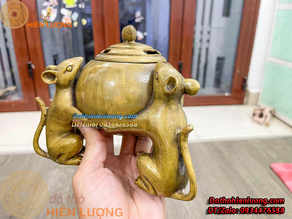 Lư Xông Trầm Tam Chuột Màu Vàng Bằng Đồng Nguyên Chất Kích Thước 20x15cm, Nặng 1,5Kg - Đồ Thờ Hiên Lượng