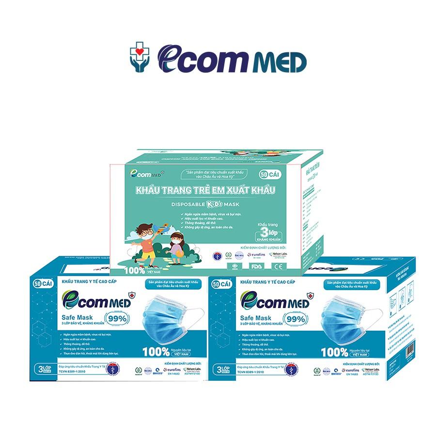 Combo 3 Hộp Khẩu Trang Y tế EcomMed dành cho Gia Đình (2 Hộp 3 Lớp, 1 Hộp Trẻ Em, 50 Cái/Hộp)