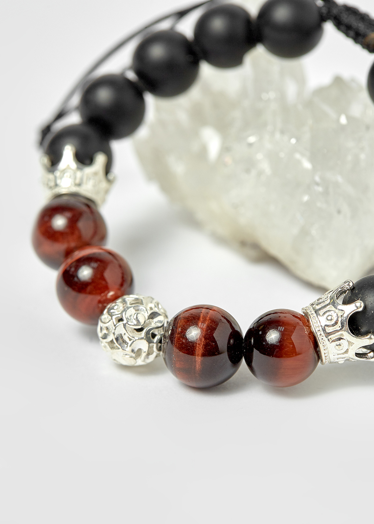 Vòng đá obsidian phối thạch anh mắt hổ nâu đỏ và charm vương miệng bạc hạt 10mm - Ngọc Quý Gemstones