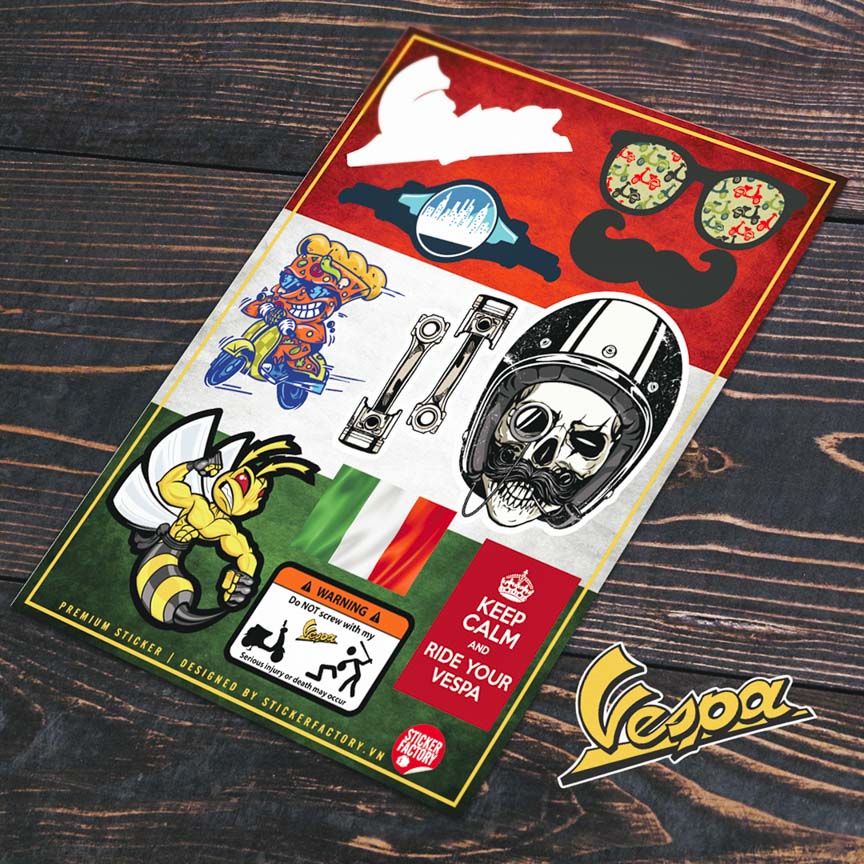 VESPA ITALY BIKER - Combo 3 Hình dán cao cấp Premium Sticker