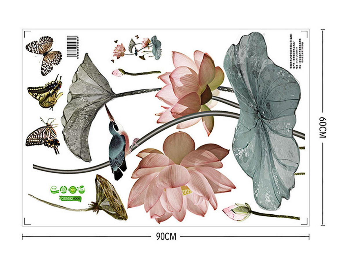 decal dán tường sen nâu và chim lá