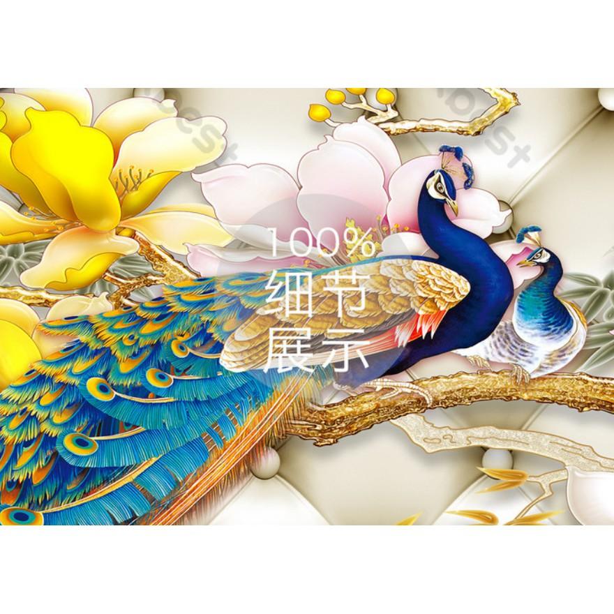 Tranh dán tường 3d trang trí phòng khách phòng ngủ hiện đại, Đôi chim công hạnh phúc MS1133894