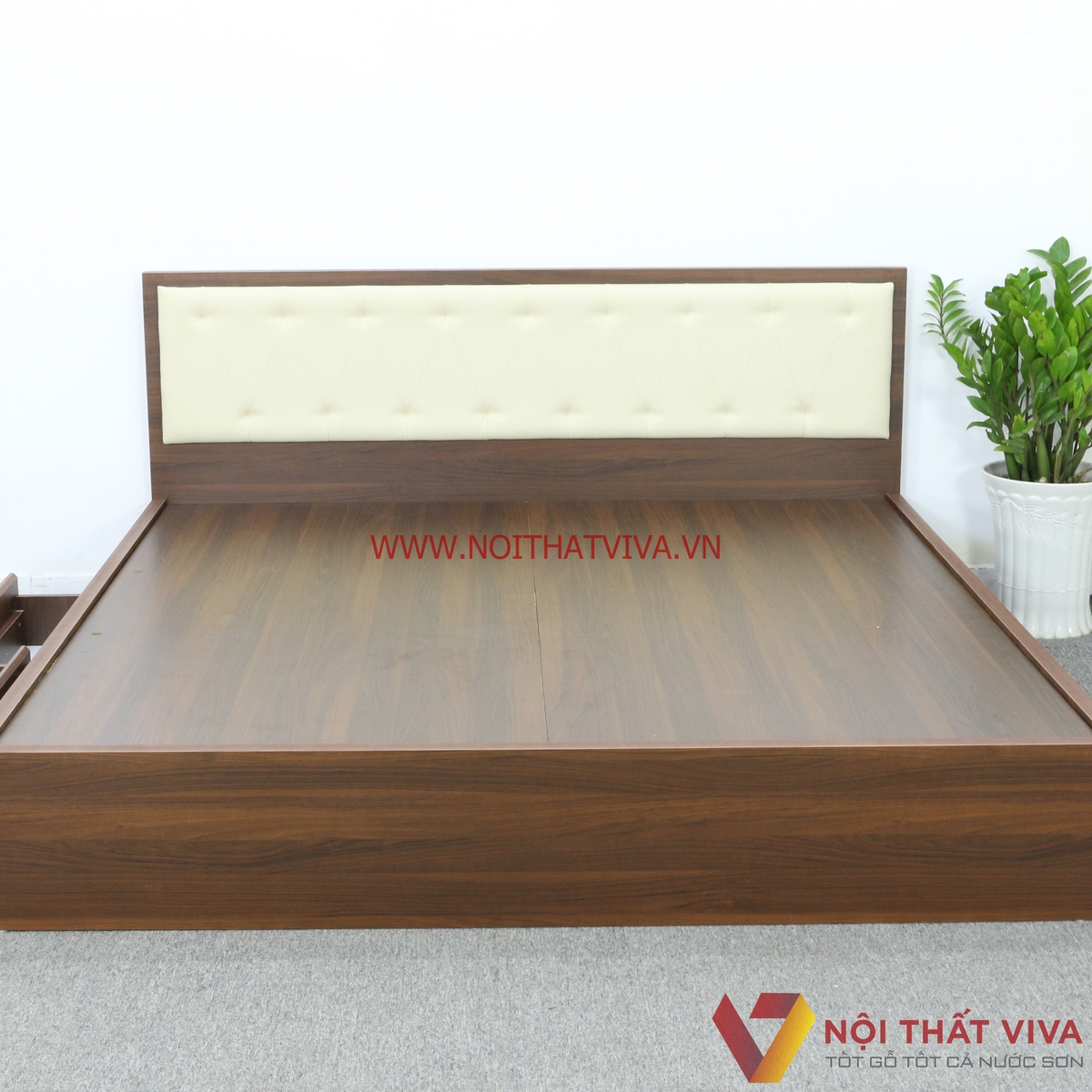 Giường Ngủ Gỗ MDF Melamine Màu Nâu Có Ngăn Kéo + Đầu Nệm Kem Đẹp