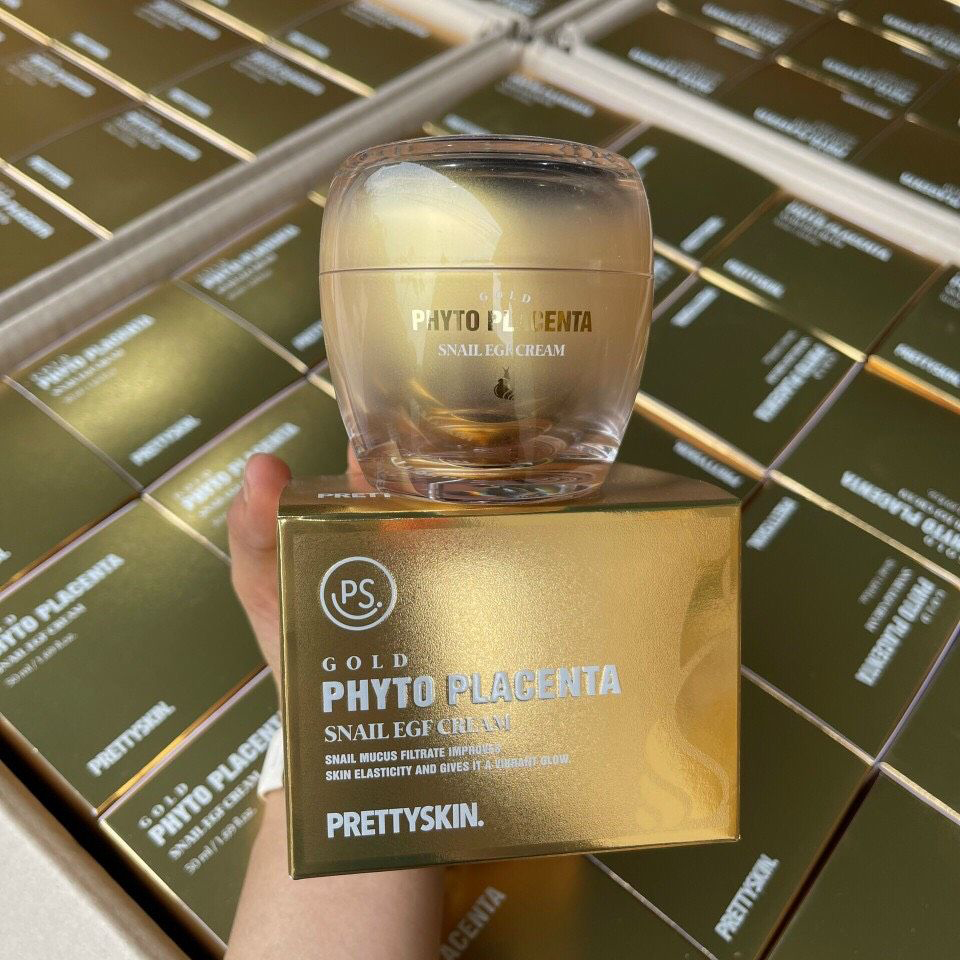 Kem ốc sên phục hồi dưỡng trắng chống lão hóa Pretty Skin Gold Phyto Placenta Snail EGF Cream 50ml tặng móc khóa