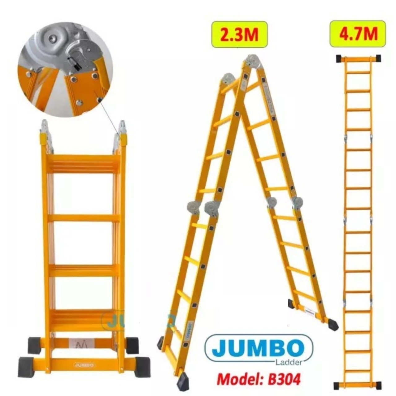 Thang Chữ A, Thang nhôm gấp 4 đoạn JUMBO B304, chữ A - 2.26m, chữ I - 4.7m, 14 tư thế sử dụng, tải trọng 300kg - Chắc chắn, tiện dụng - Sơn vàng tĩnh điện chống trầy xước rỉ sét - Luôn có phụ kiện thay thế