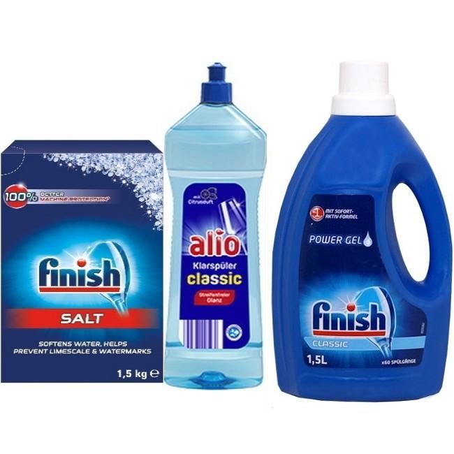 Combo Nước rửa bát Finish 1.5L + muối finish 1.5kg + Nước làm bóng alio 1 lít dùng cho máy rửa bát