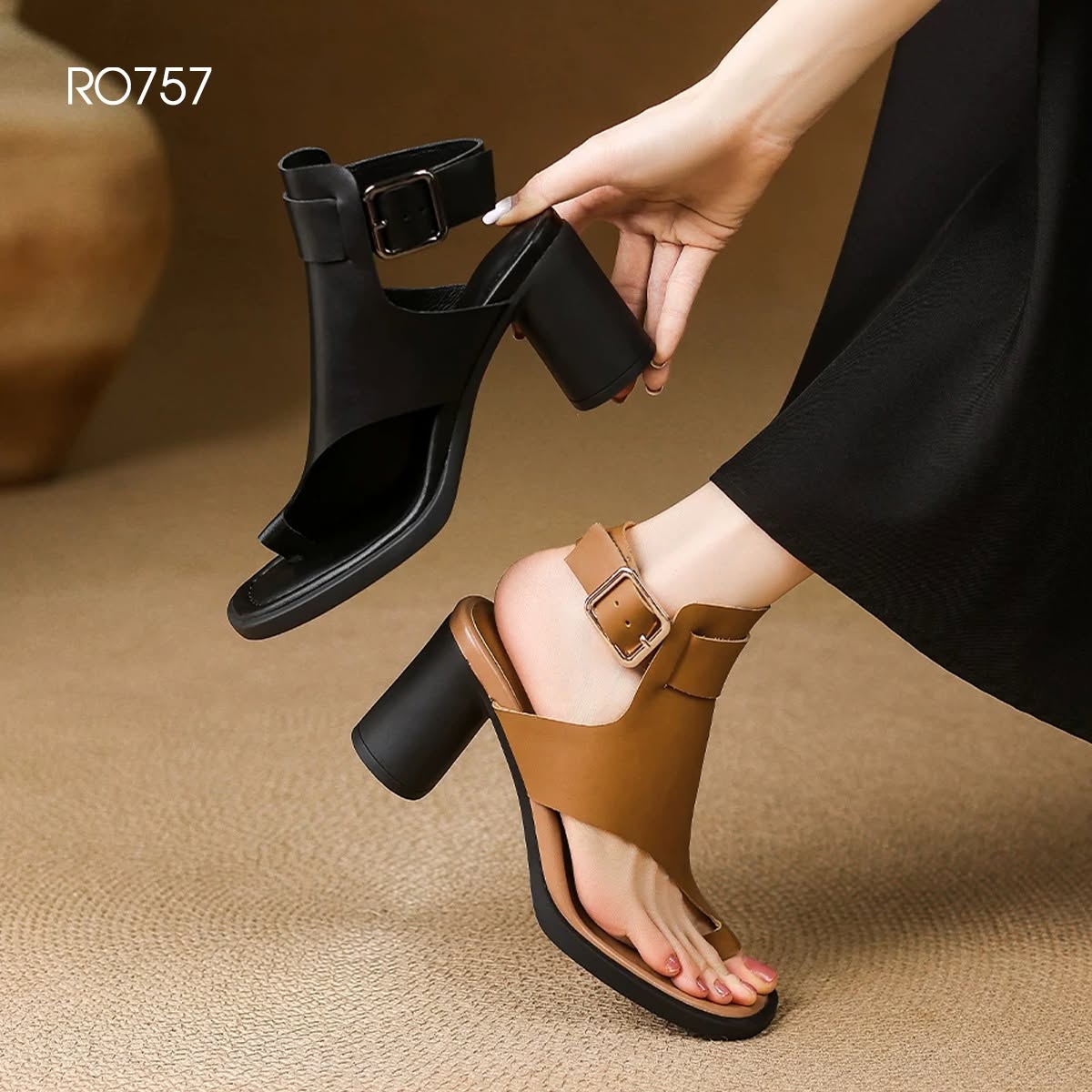 Giày cao gót nữ xỏ ngón, cổ cao, gót trụ ROSATA RO757 -9p- Đen, Nâu - BKSTORE