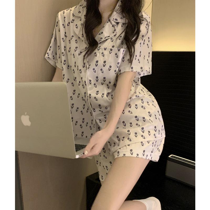MS1053 Bộ Pyjama Nữ Lụa Satin, Bộ Quần Đùi Áo Cộc Mặc Nhà Hoa Tulip 9209#