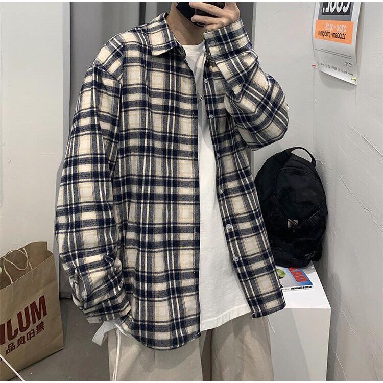 Áo sơ mi nam form rộng Unisex Oversize CARO đen KEM sọc cá tính chạy đường chỉ đen cá tính chất liệu kate dày dặn xịn mịn form 50-70kg mặc