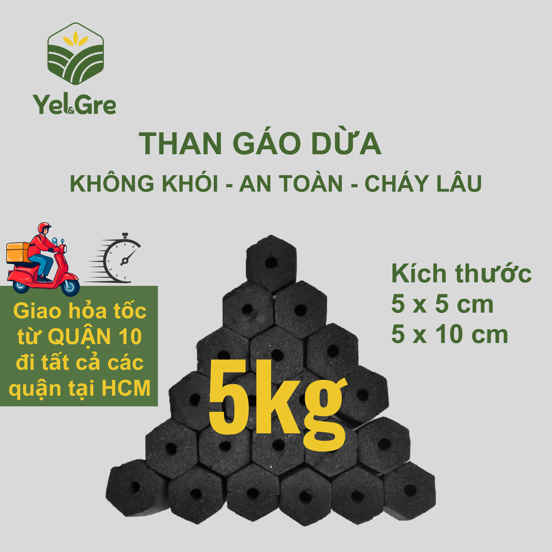 5KG - Than gáo dừa không khói, than nướng BBQ không khói, kích thước 5cmx5cm