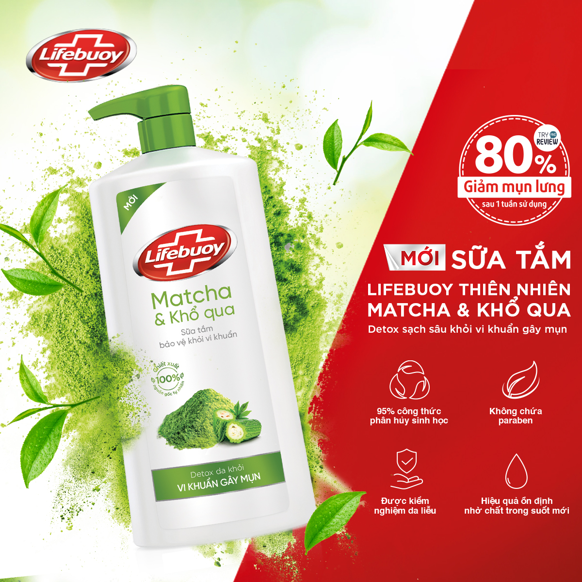 Sữa Tắm Lifebuoy Detox Và Sạch Sâu Khỏi Bụi Mịn Pm2.5 Detox Bảo Vệ Khỏi Vi Khuẩn Gây Mụn Cơ Thể Matcha &amp; Khổ Qua Chai 800G