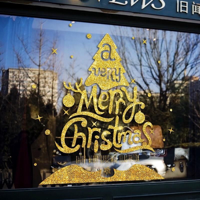 Decal trang trí Noel - Thông Chữ merry Christmas nhũ kim tuyến vàng