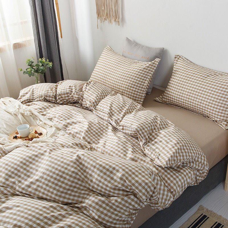 Bộ chăn ga gối caro be Cotton Poly cao cấp LEEBedding, chăn ga Hàn Quốc, miễn phí bo chun drap ga giường theo yêu cầu