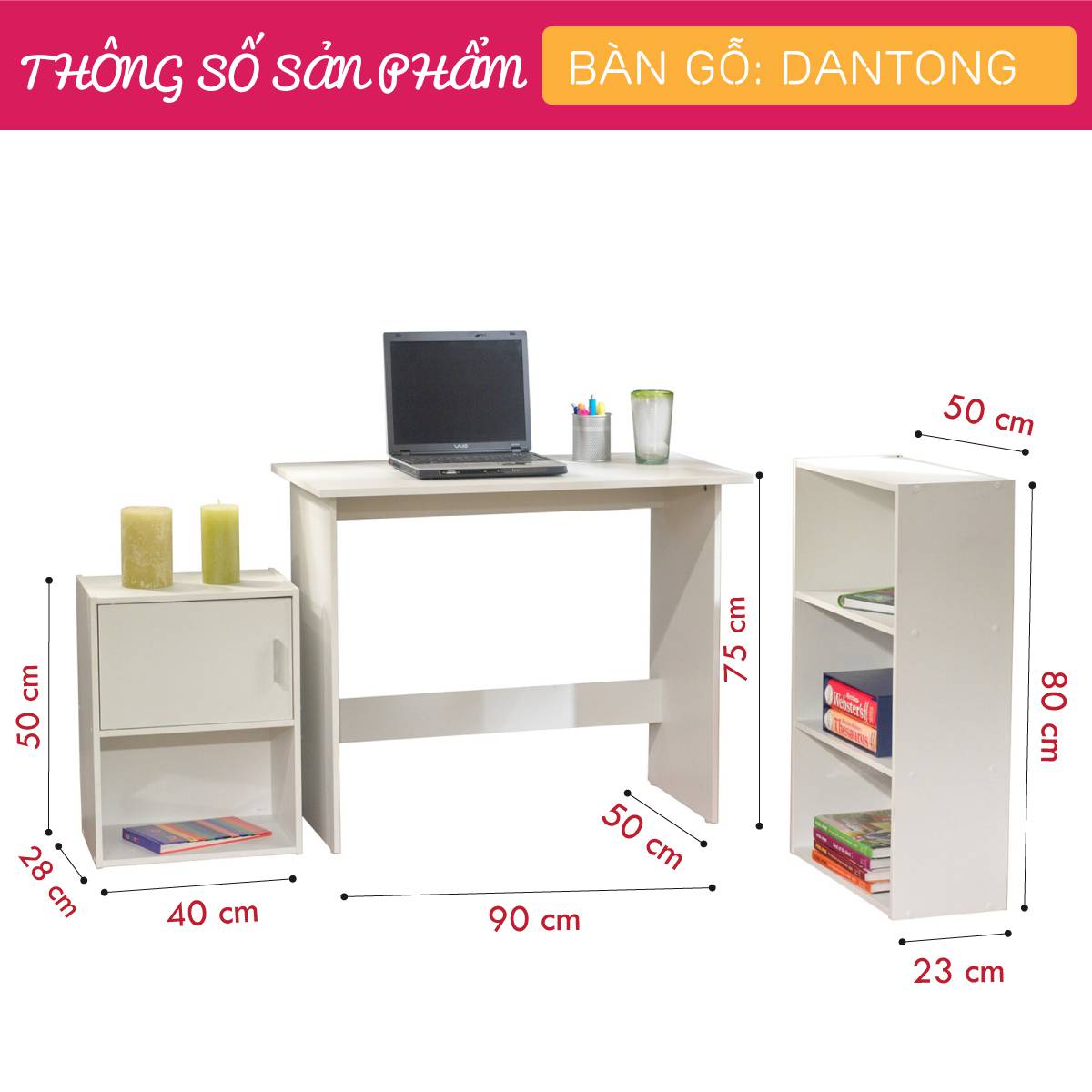 Bàn làm việc, bàn học gỗ hiện đại SMLIFE Dantong | Gỗ MDF dày 17mm chống ẩm | Bàn: D90xR50xC75; Tủ cao: D50xR23XC80; Tủ thấp: D40xR28xC50cm