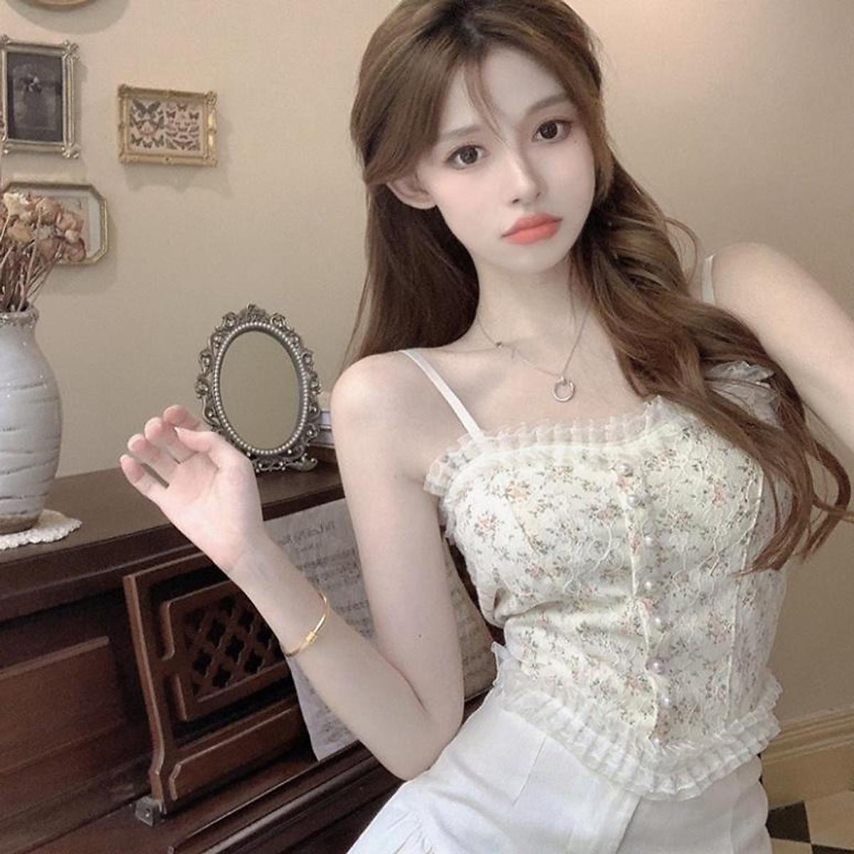 Áo 2 Dây Nữ Ren Hoa Tiểu Thư Đính Hạt Viền Bèo, Chun Sau Dáng Croptop Siêu Sang Chảnh Có Mút Ngực aloha