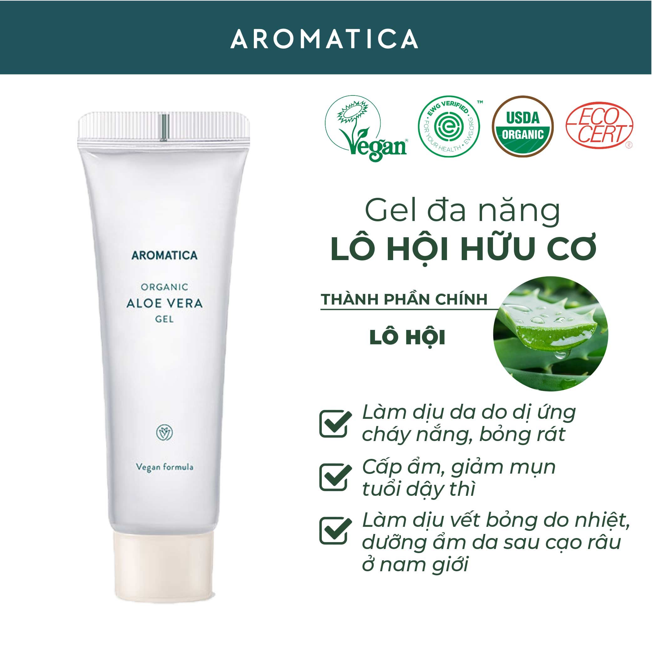 Gel Lô Hội Hữu Cơ Dưỡng Ẩm Mặt Và Toàn Thân Aromatica Organic Aloe Vera Gel 50ml