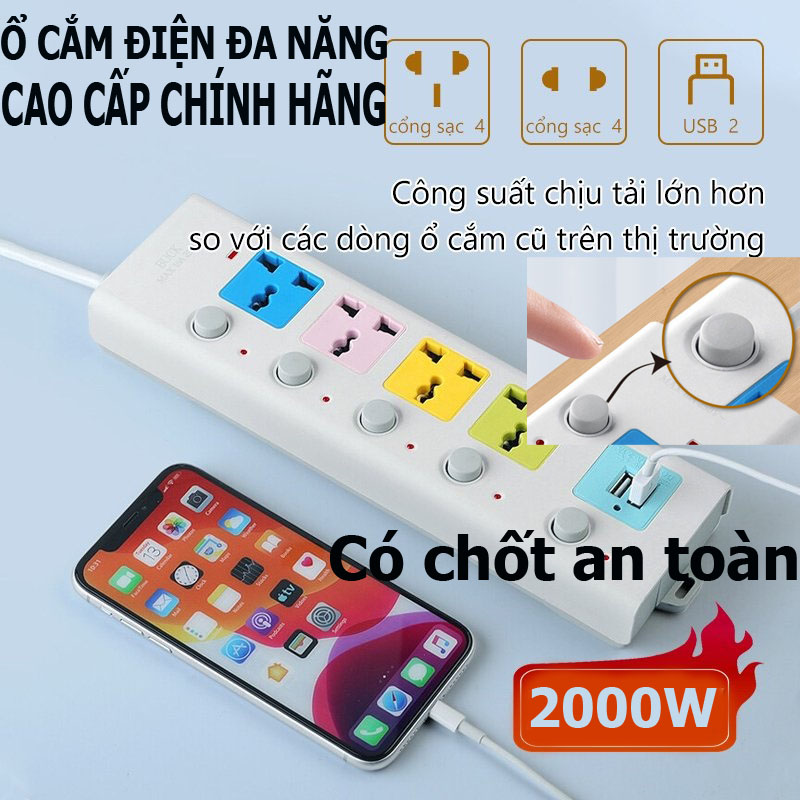 Ổ cắm điện đa năng thông minh kèm 2 cổng sạc USB đa năng và 7 lỗ cắm, Dây Cáp Dày Chất Lượng Cao 100%