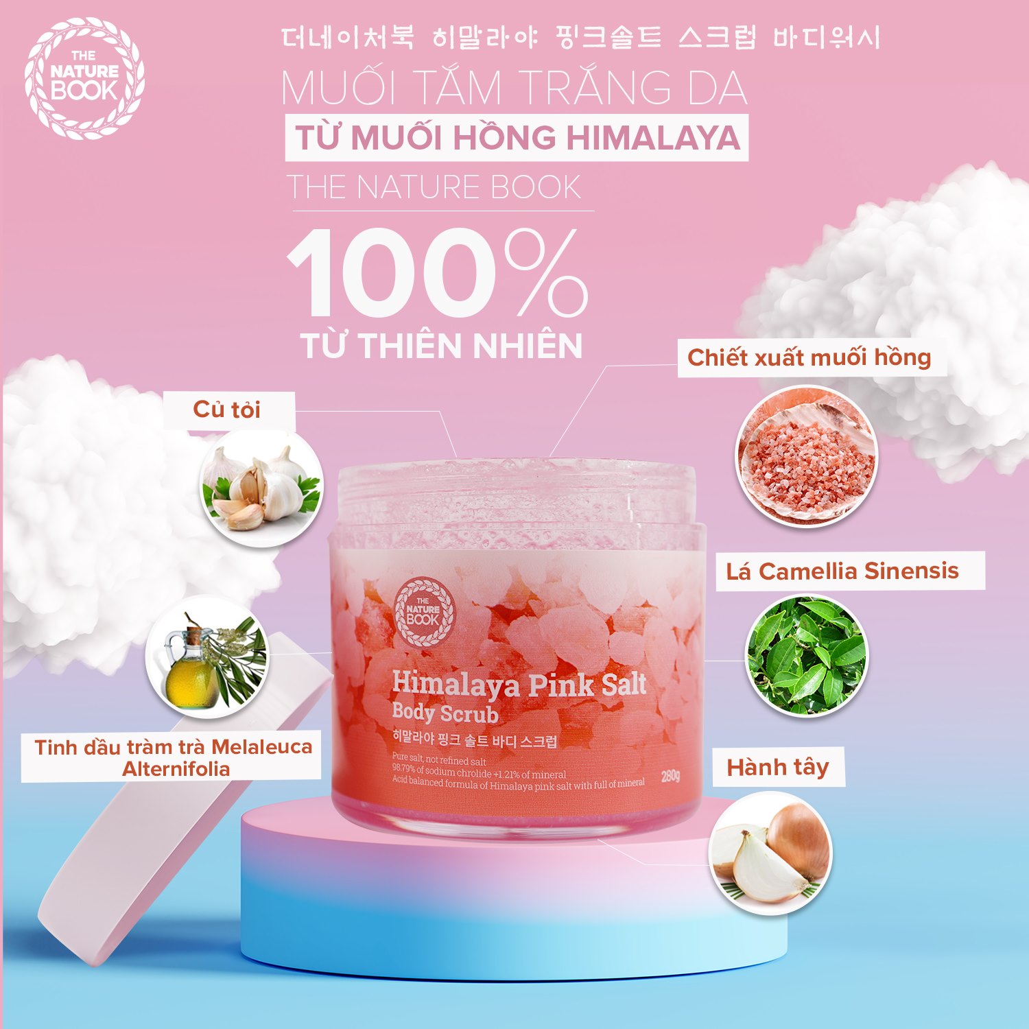 Muối tắm dưỡng trắng toàn thân từ muối hồng The Nature Book Himalaya Pink Salt Body Scrub 280g