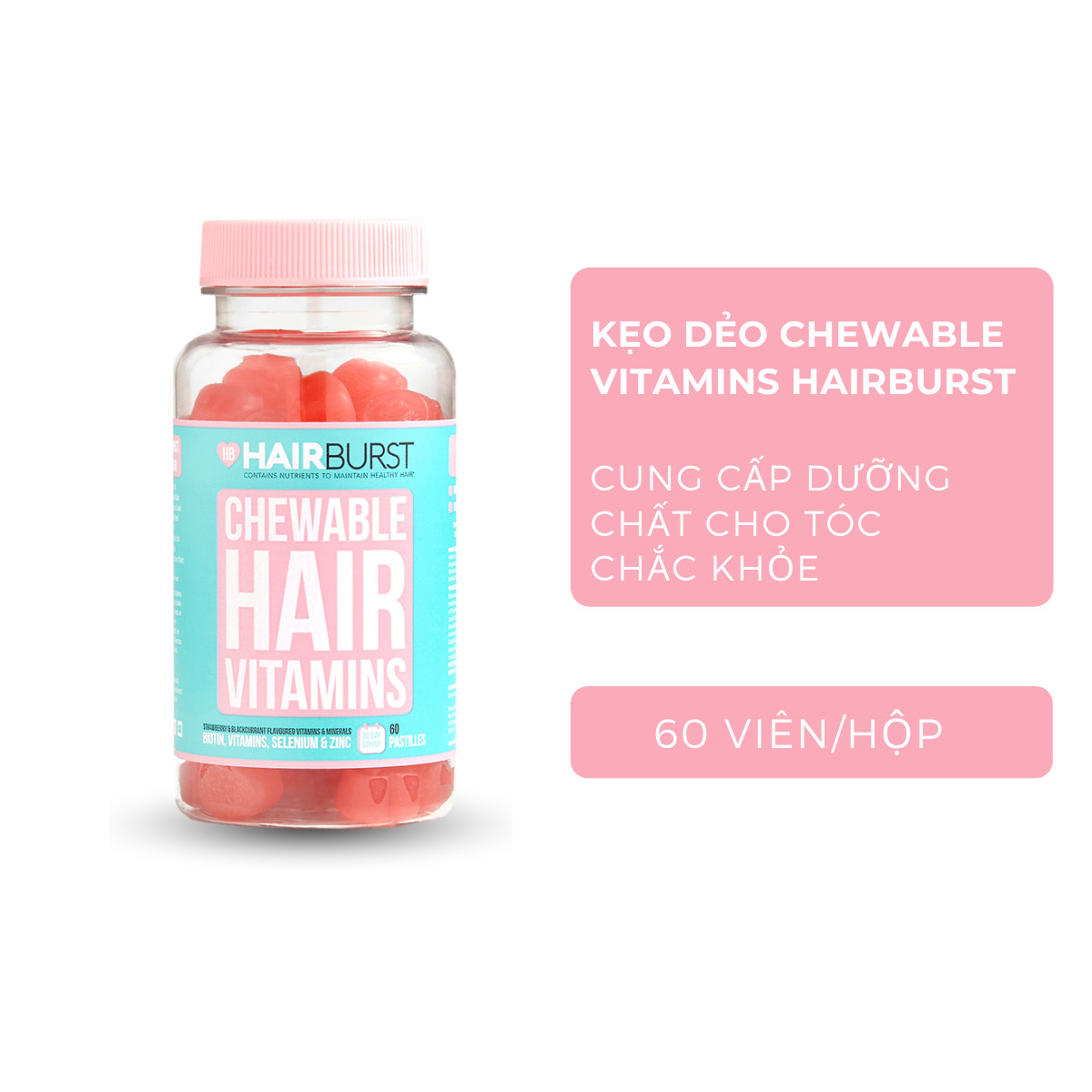 Combo set gội xả + kẹo dẻo Chewable HAIRBURST kích thích mọc tóc, chắc khỏe 350ml/chai + 60v/lọ