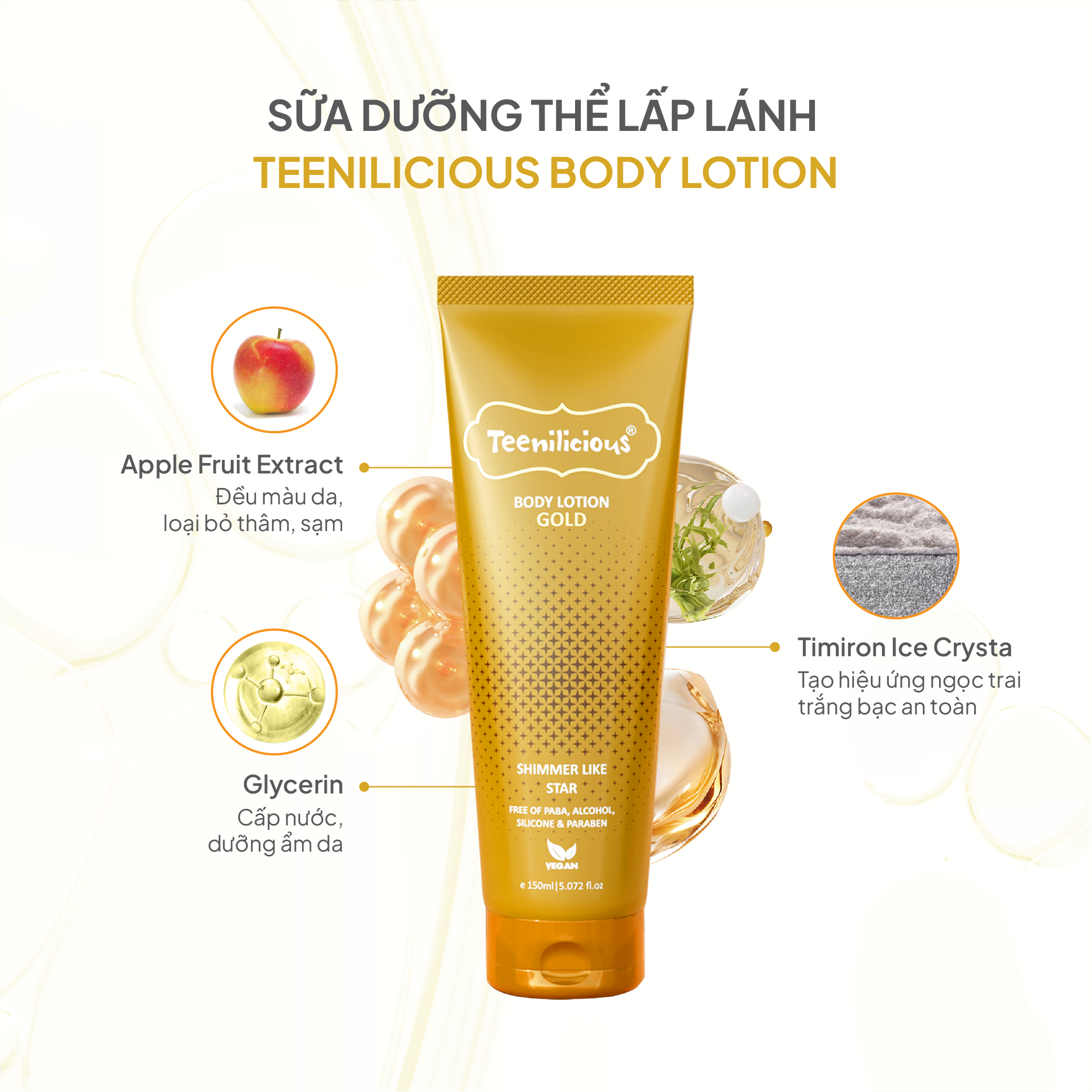 Sữa Dưỡng Thể Lấp Lánh Teenilicious Body Lotion Gold Ánh Nhũ Lấp Lánh, Dưỡng Ẩm Sáng Mịn Da 150ml