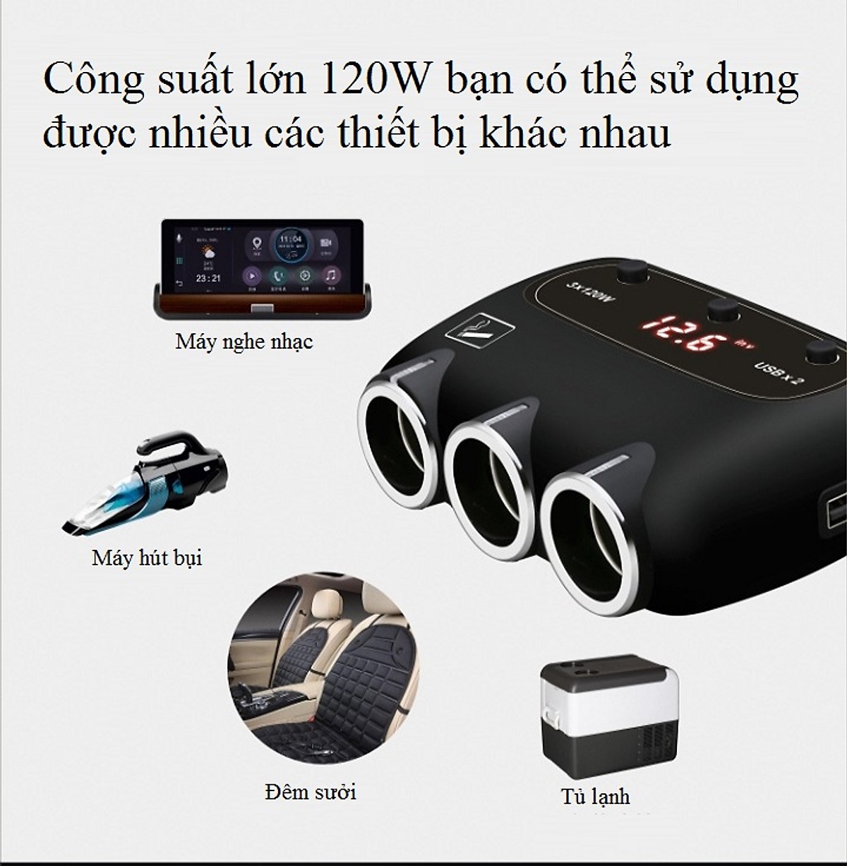 Phụ kiện chia tẩu sạc trên ô tô 3 tẩu cắm, 2 cổng USB tích hợp cầu chì bảo vệ M58 ( Tặng đèn pin bóp tay bảo vệ môi trường ngẫu nhiên )