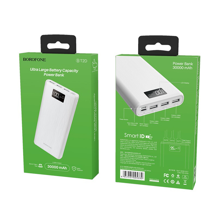 Pin Sạc Dự Phòng BOROFONE BT2D - Dung Lượng 30000mAh, Có Đèn Led, Màn LCD - Hàng Chính Hãng