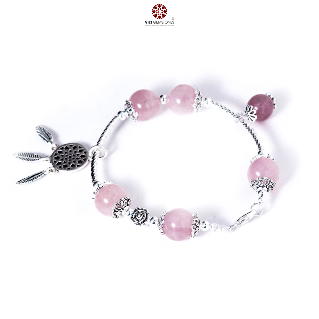 Vòng tay thạch anh hồng 10mm mix charm bạc thái 925 - BRQS01|VietGemstones