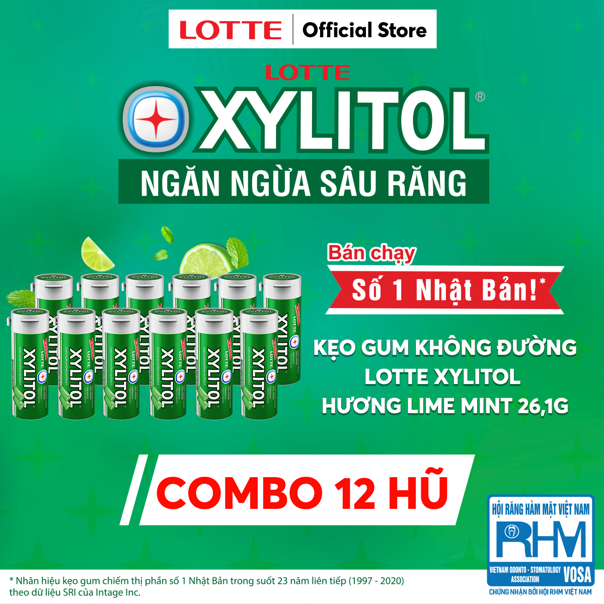 Combo 12 hũ Kẹo Gum không đường Lotte Xylitol - Hương Lime Mint 26,1 g