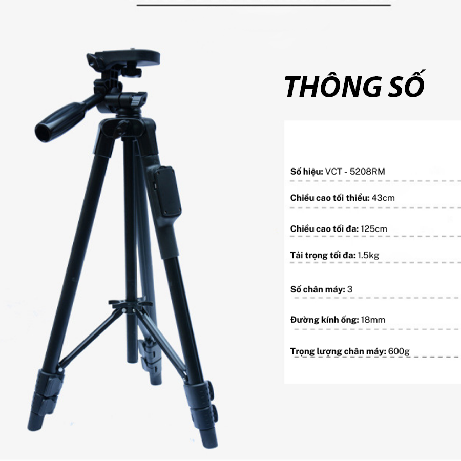 Chân Máy Ảnh, Tripod Chất Liệu Nhôm Cao Cấp - Gọn Nhẹ, Chắc Chắn [5208RM]