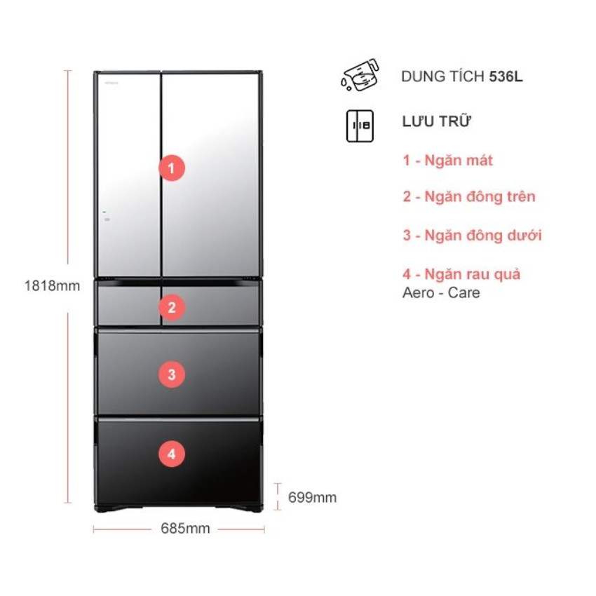 TỦ LẠNH HITACHI 536 LÍT R-G520GV (X) - HÀNG CHÍNH HÃNG