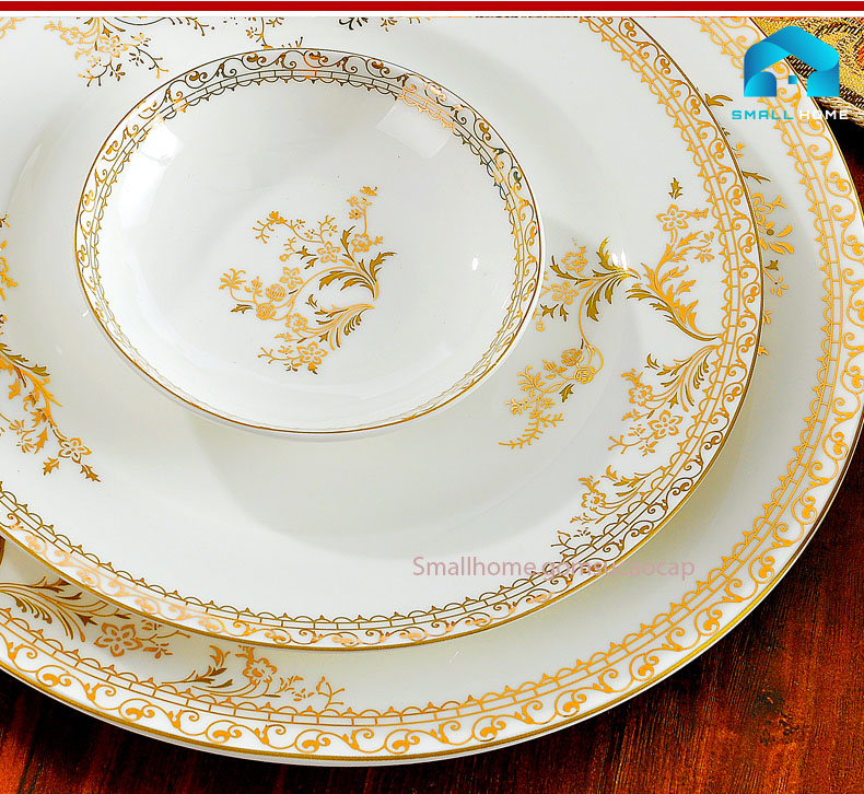 Bộ đồ ăn Thiên Kiều 56 món sứ xương cao cấp, họa tiết viền vàng sang trọng, phong cách hoàng gia Trung Âu