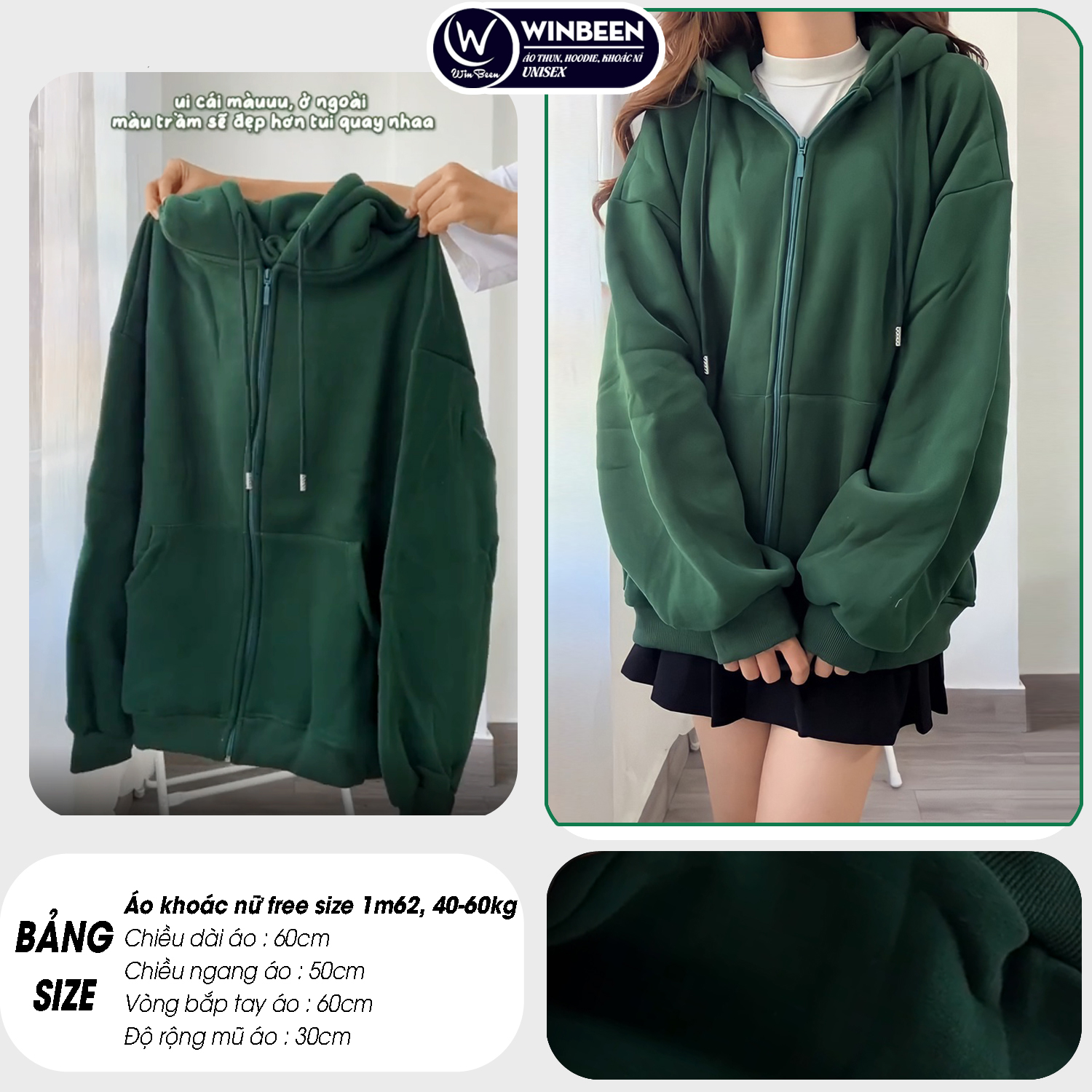 Áo KHOÁC Hoodie TRƠN 4 Màu Nam Nữ Ulzzang Unisex Oversize, Tay Phồng, Mũ 2 lớp dầy WinBeen