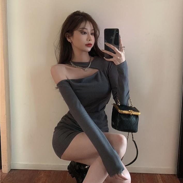 Korean Mini dresses Sexy off shoulder long sleeve dresses