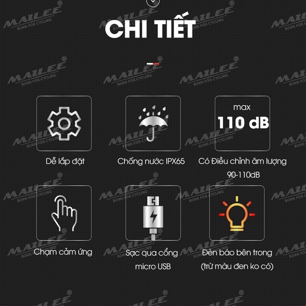 Còi Chuông Xe Đạp USB Cảm Ứng Có Đèn Bên Trong LD-69 Chống Nước Âm Thanh 90-110dB pin 300mAh Mai Lee