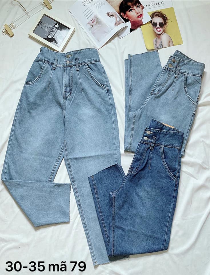 Quần baggy jean nữ lưng cao, size đại, lưng bản to phối 2 nút