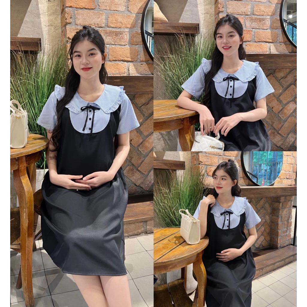 Đầm bầu giả yếm cổ sen bèo form suông công sở cotton lạnh mặc mát mẻ, trẻ trung Váy Bầu Voi - Xanh đậu