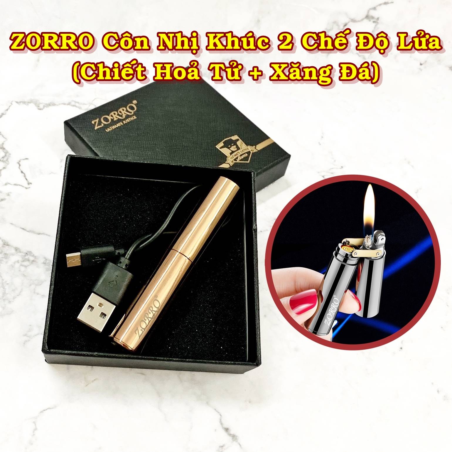 Hột quẹt bật lửa 2 chế độ lửa (chiết hoả tử + xăng đá) (fullbox) - (sạc điện - xài xăng)