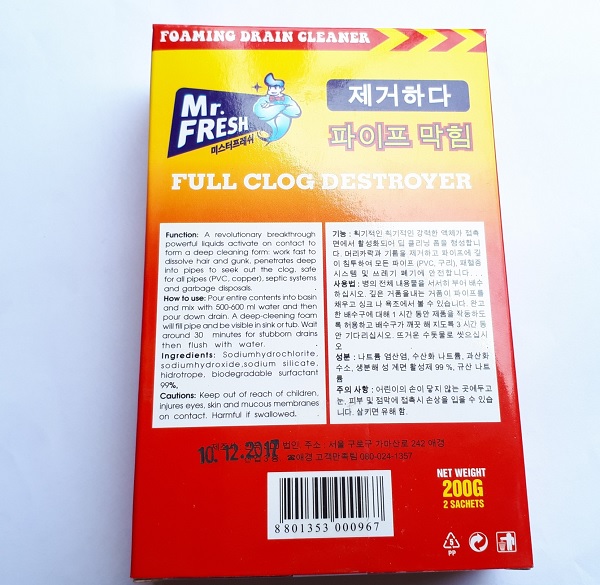 Hộp 2 gói bột thông cống Mr Fresh Hàn Quốc - an toàn cho đường ống
