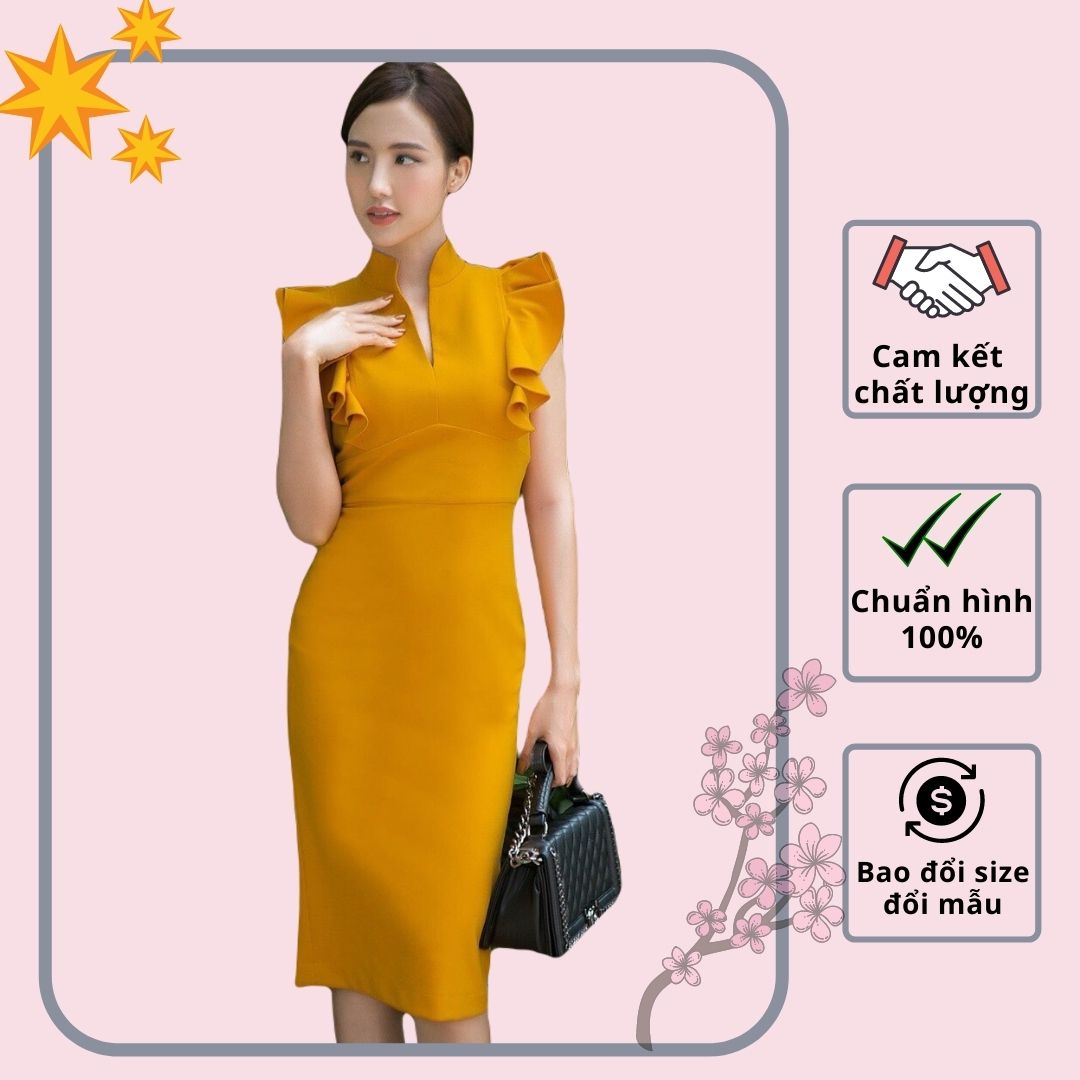 Đầm body công sở cổ trụ màu vàng thanh lịch - VN241801