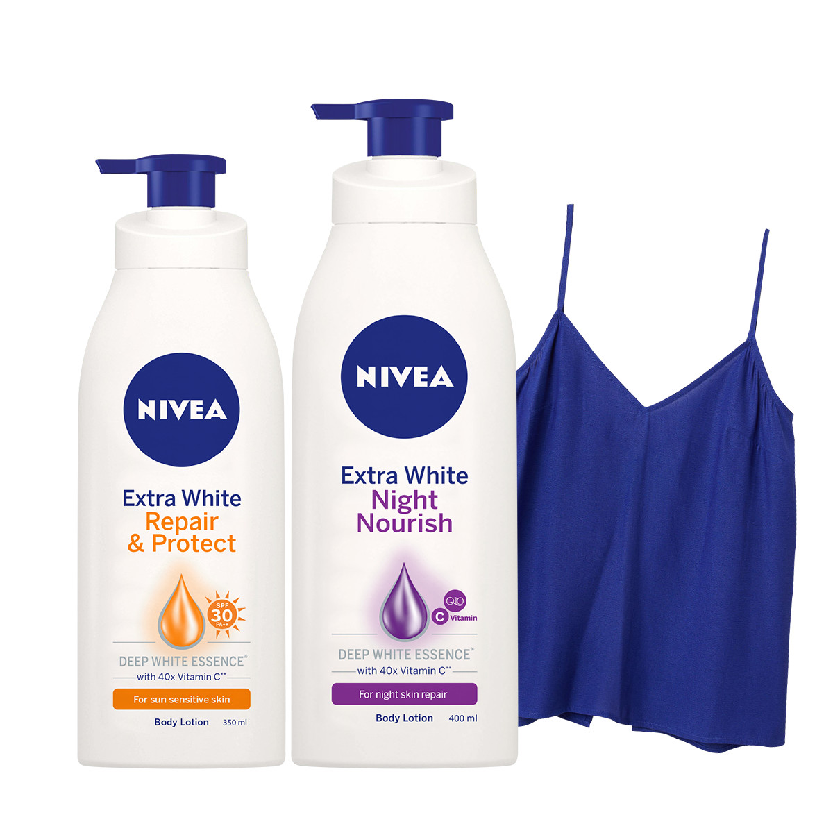 Bộ đôi Sữa Dưỡng Thể NIVEA Dưỡng Trắng Ban Ngày Giúp Phục Hồi &amp; Chống Nắng SPF30 (350ml) - 88311 &amp; Sữa Dưỡng Thể NIVEA Dưỡng Trắng Ban Đêm Giúp Phục Hồi &amp; Săn Da (400ml) – 88126 - Tặng Áo Thun Hai Dây