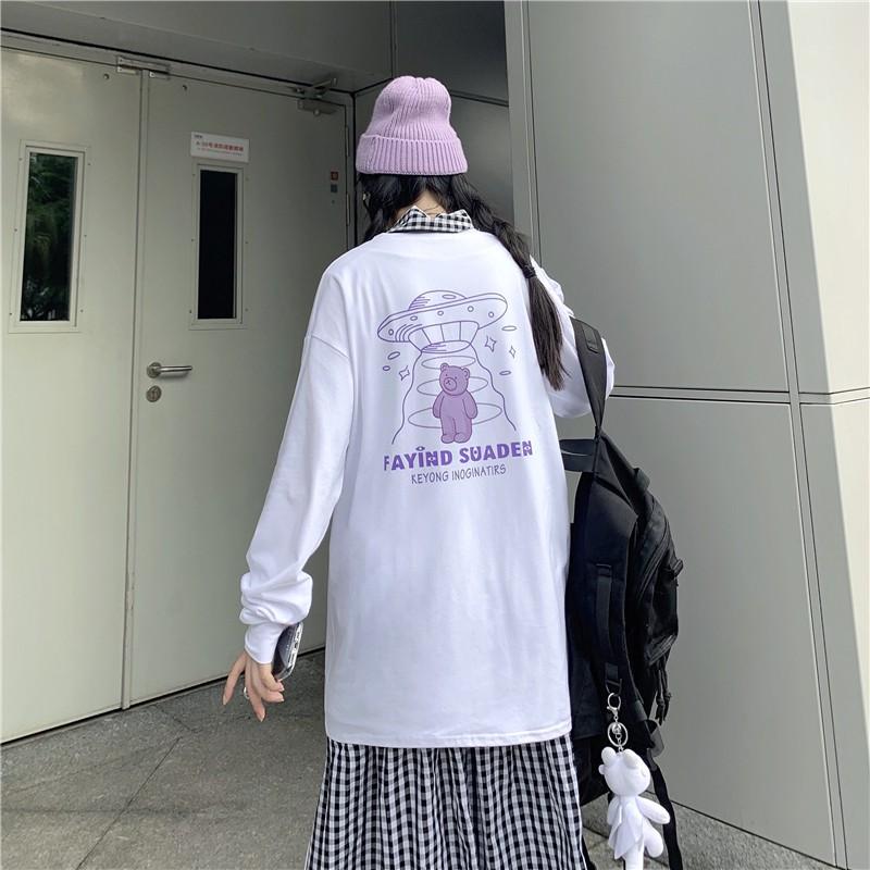 Áo Thun Tay Dài Unisex GẤU ĐĨA BAY Thu Đông Ulzzang