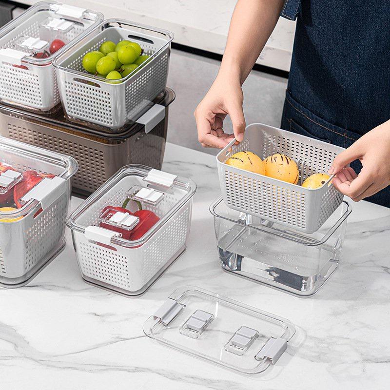 Combo 2 Hộp Nhựa Đựng Thực Phẩm Tủ Lạnh 2 Lớp Có Lỗ Thoát Nước Khóa Thoát Khí Dễ Dàng Bảo Quản Rau Củ
