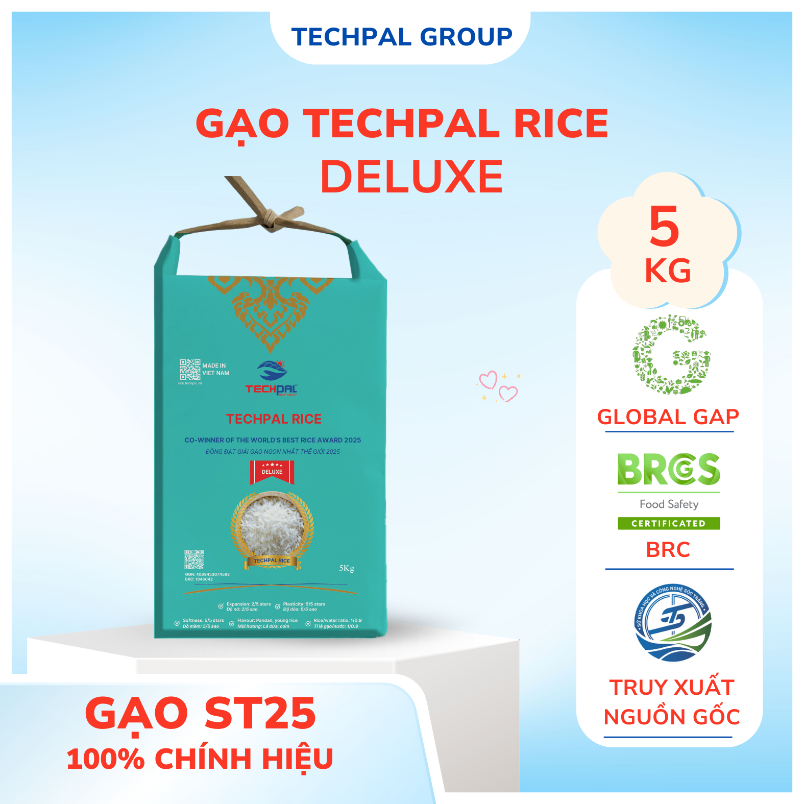 Gạo ST25-VIP Deluxe TECHPAL túi giấy 5Kg | Đạt chuẩn Global GAP