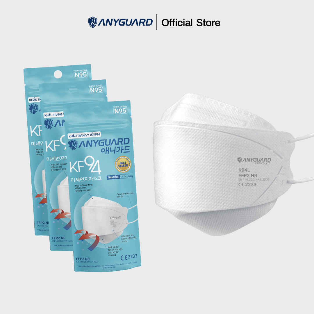 ComBo (15 Chiếc) Khẩu Trang Y Tế Anyguard KF94 Tiêu Chuẩn Châu Âu FFP2 - Lọc 94% Bụi Mịn và PM2.5, Ngăn 99% Vi Khuẩn, An Toàn Cho Da Nhạy Cảm (3 Gói)