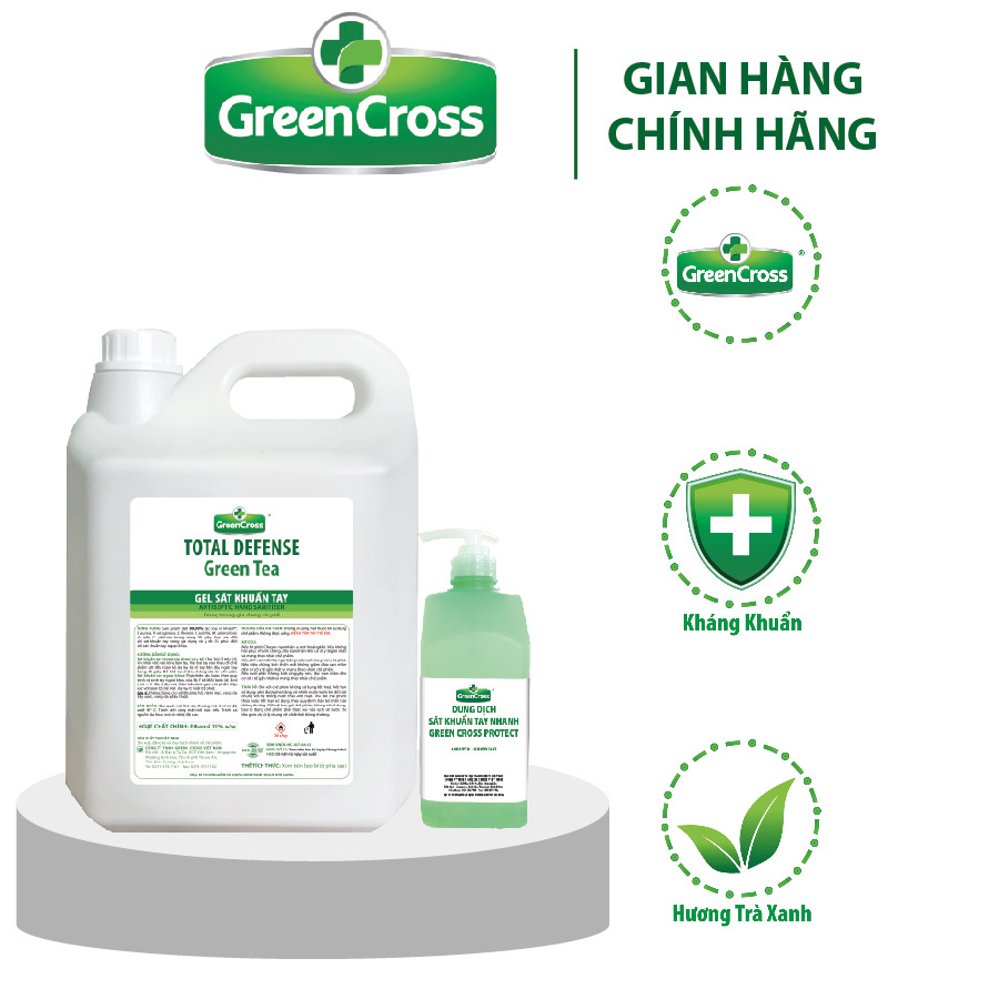 Gel sát khuẩn tay dùng trong gia dụng và y tế - GREEN CROSS TOTAL DEFENSE - Can 5 Lít Tặng thêm 1 chai sát khuẩn tay nhanh Green Cross Protect 500ml