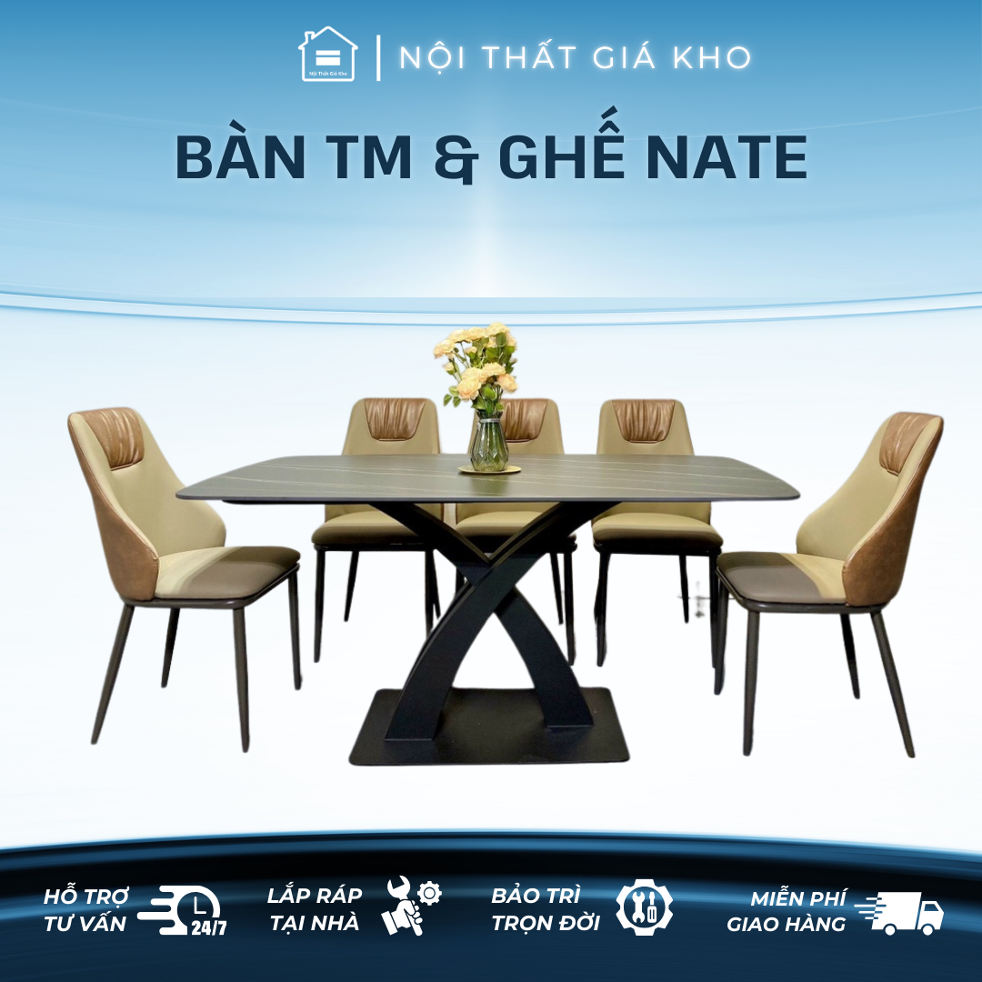 Bộ bàn ăn mặt đá nhập khẩu chân chéo kết hợp ghế Spot